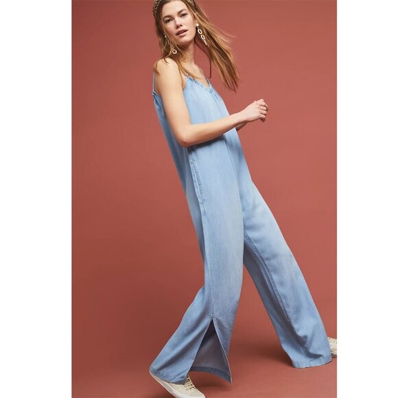 Cloth & Stone Chambray Sleeveless Side Slit Wide Leg Jumpsuit Blue Women XS - Picture 1 of 15